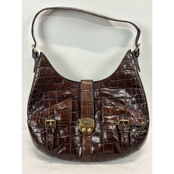 Lauren Ralph Lauren Handbags - Lauren Ralph Lauren Croc Embossed Leather Hobo Purse Brown Shoulder Bag